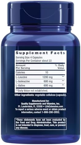 Life Extension BCAA supplement label showing leucine isoleucine and valine amounts