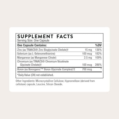 Thorne Trace Minerals premium chelated formula capsules showing USA imported quality seals.