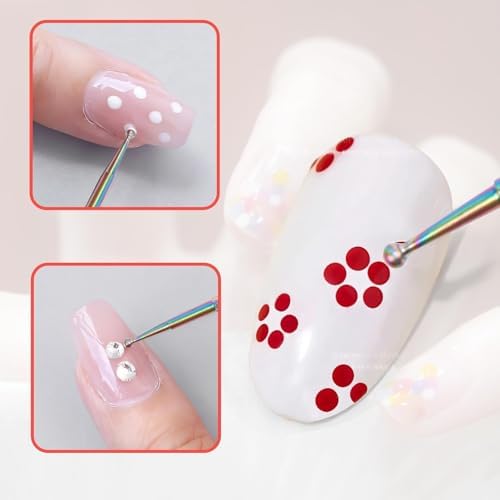 Hand holding a rainbow colored nail dotting pen creating an intricate floral pattern design