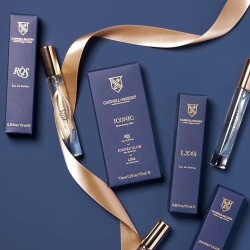 Front view of Caswell-Massey fragrance sampler set showing Jockey Club, LX48, and RÒS bottles.