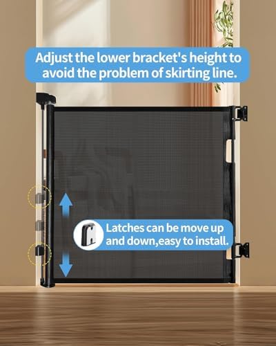 Black retractable dog gate protecting hallway area for pets