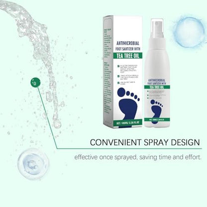 Person spraying Ximonth tea tree oil disinfectant inside a sneaker to remove odor.