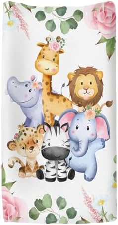 Close up of watercolor lion and giraffe print on changing pad cover