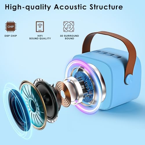 Blue Bluetooth karaoke speaker for kids and adults displaying the leather handle and compact layout.