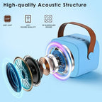 Blue Bluetooth karaoke speaker for kids and adults displaying the leather handle and compact layout.