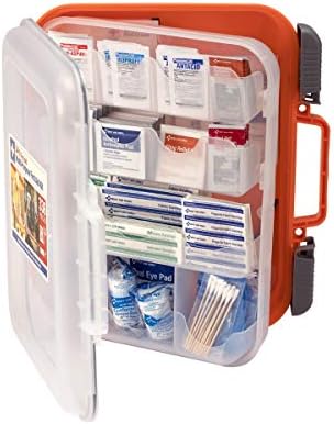 24/7 First Aid 100 person emergency kit with clear cover open showing organized supplies.