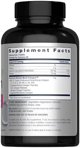 NeoCell Multi Collagen tablets nutritional facts label detailing ten types of collagen and vitamin c content