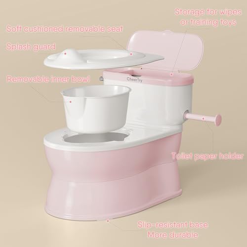 Toddler using the CheerTry 2-in-1 potty training toilet in a bathroom setting