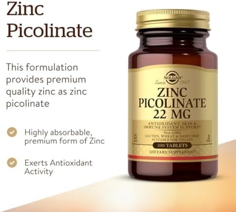 Solgar Zinc Picolinate 22 mg dietary supplement facts and ingredients panel