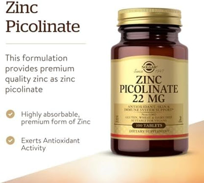 Solgar Zinc Picolinate 22 mg dietary supplement facts and ingredients panel
