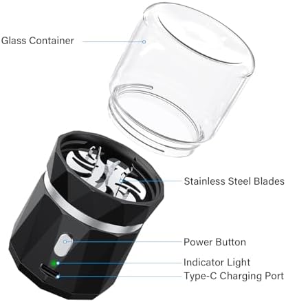 Feiorn automatic battery operated pill grinder with a clear glass jar revealing finely crushed supplement powder.