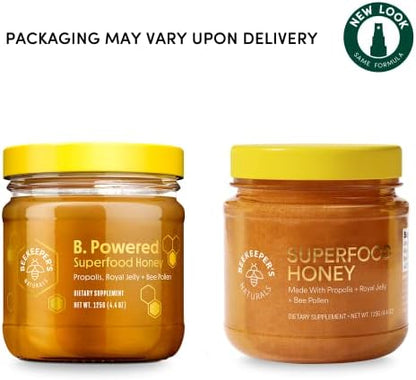 BeeKeeper's Naturals honey with royal jelly propolis and bee pollen showing dosage instructions for adult wellness.