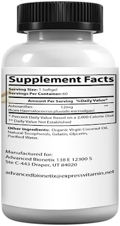Close up of Advanced Bionetix high bioavailability astaxanthin supplement packaging showcasing the sixty day supply detail.