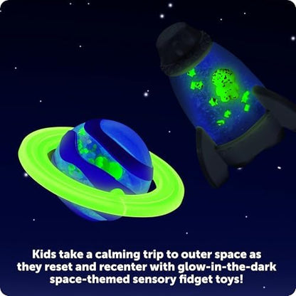 Learning Resources cosmic calming toys displaying the glitter liquid suspension filled with a hidden astronaut.