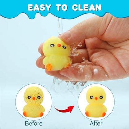 Mantyplay mini animal squishies being washed under running tap water to remove dirt
