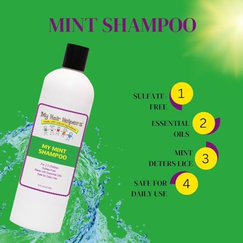 Sulfate free natural lice deterrent shampoo bottle detailing peppermint neem and rosemary