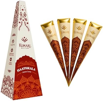 Pack of four pre mixed herbal henna cones for dark reddish brown hair color application.