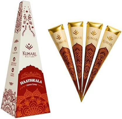 Pack of four pre mixed herbal henna cones for dark reddish brown hair color application.