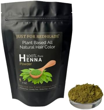 Just For Redheads natural Lawsonia henna powder displayed with non metallic mixing bowl and preparation tools.