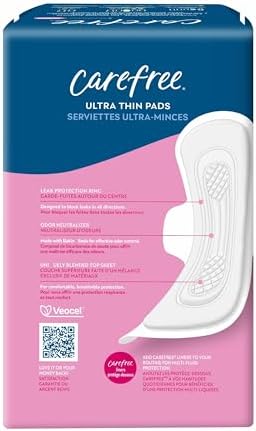 Close up of Carefree feminine care packaging highlighting 8 hour odor control.