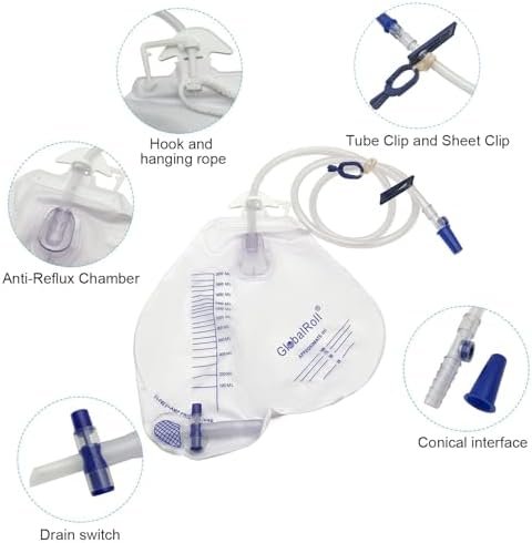 Close up view of the GlobalRoll medical drainage bag hanging hook and adjustable sheet clips.