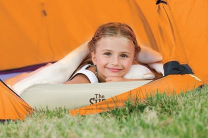 The Shrunks kids air bed side view highlighting the sheet tuck design with standard crib sheets