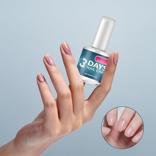 Clear nail treatment oil being brushed onto brittle fingernails for deep hydration.