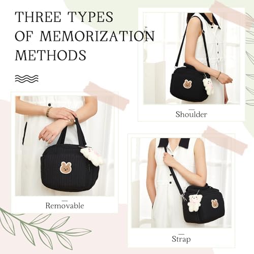 Lushandy black nylon mommy bag highlighting the plush bear keychain charm