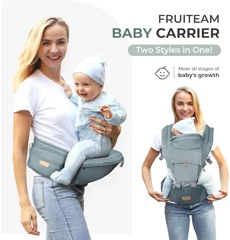 Side angle of adjustable infant carrier with waist stool displaying thick padded shoulder straps