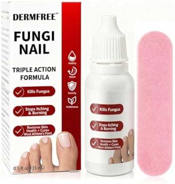 Dermfree Fungi Nail conditioning solution dropper dispensing liquid serum onto a discolored toenail.