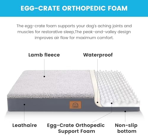 Sunheir Orthopedic Dog Bed for Large Dogs - Big Waterproof Dog Crate Bed with Removable Washable Cover, Egg Crate Foam Support, Anti-Slip Bottom, Deluxe Plush Pet Bed Mat (Grey) - Image 3