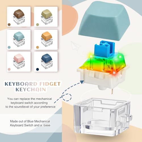 Six pieces of decompression keyboard keychain toys arranged neatly to showcase the soft Morandi colors