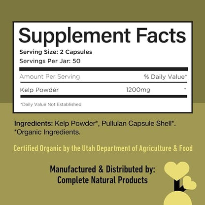 Complete Natural Products sea kelp 100 capsules container secure seal and brand authentication.
