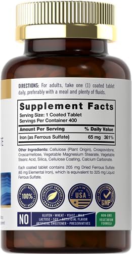Carlyle high potency iron supplement 65mg elemental iron nutrition facts label panel