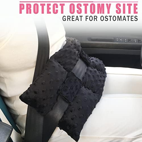 Stoma guard pillow attached to a car seatbelt for ostomate protection
