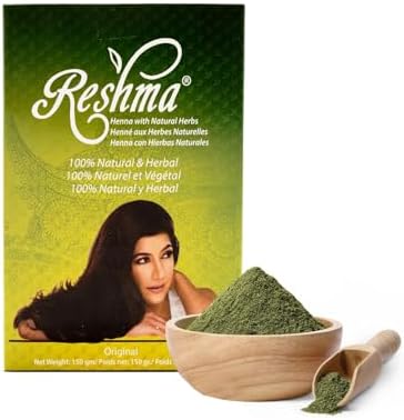 Reshma Beauty single ingredient henna hair dye box displaying natural gray blending benefits.