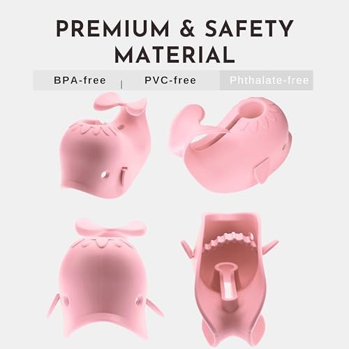 Side view of the pink silicone faucet guard showing the adjustable strap mechanism
