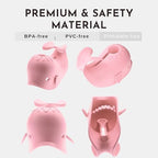 Side view of the pink silicone faucet guard showing the adjustable strap mechanism