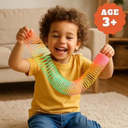A child holding and playing with the authentic imported Liberty Imports colorful fidget spring toy for sensory relief.