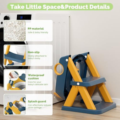 Side angle view of the COOSEYA toddler toilet ladder highlighting the secure triangular structure and side handles.