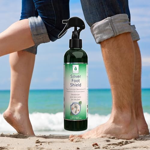 Side view of Silver Botanicals foot shield spray bottle highlighting natural ingredients list.