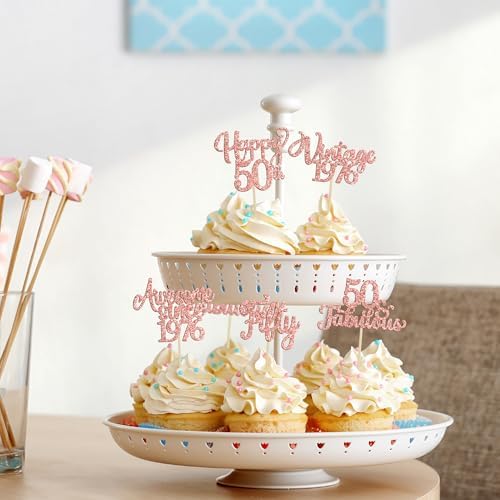 Rose gold glitter cupcake toppers on a dessert platter