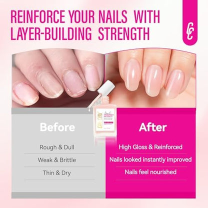 Nail strengthener bottle next to natural healthy looking nails