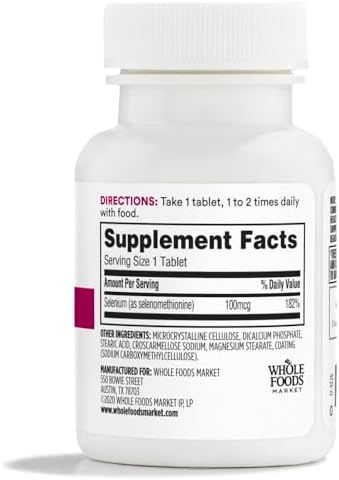Side view of 365 Whole Foods Market Selenium supplement showing supplement facts and vegan certification details