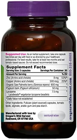 Oregons Wild Harvest Prostate Health vegan supplement showing product facts and non-GMO seal