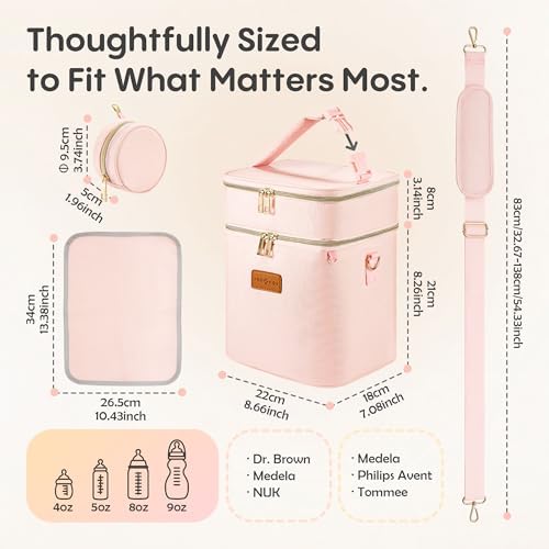 Pink insulated baby pump bag with adjustable shoulder strap