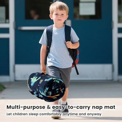 Complete packaging of the authentic PHF navy dinosaur kids travel bedding solution.