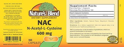 Supplement facts panel for Nature's Blend NAC capsules imported from USA.