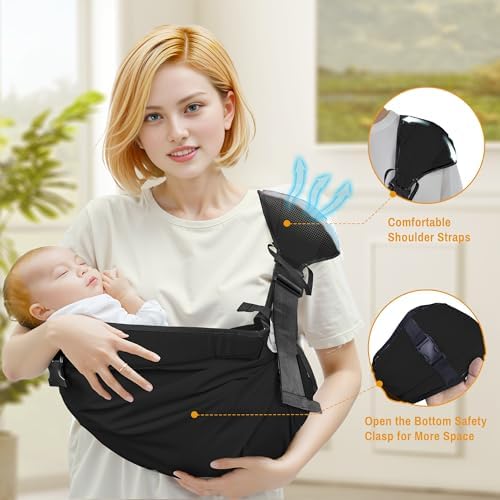 Side profile of Oblitor toddler carrier showing secure waist belt buckles.