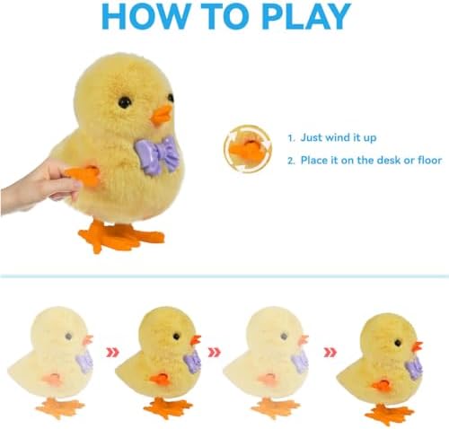 Front view of Arcimatto plush hopping chick toy with a cute orange beak and bowtie detail